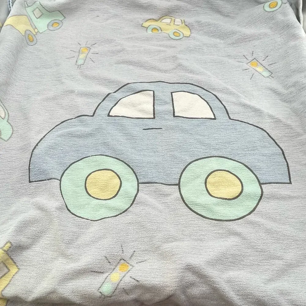 Large Kooshies Blue Car Baby Blanket Green Yellow 100% Cotton Dump Truck Vintge